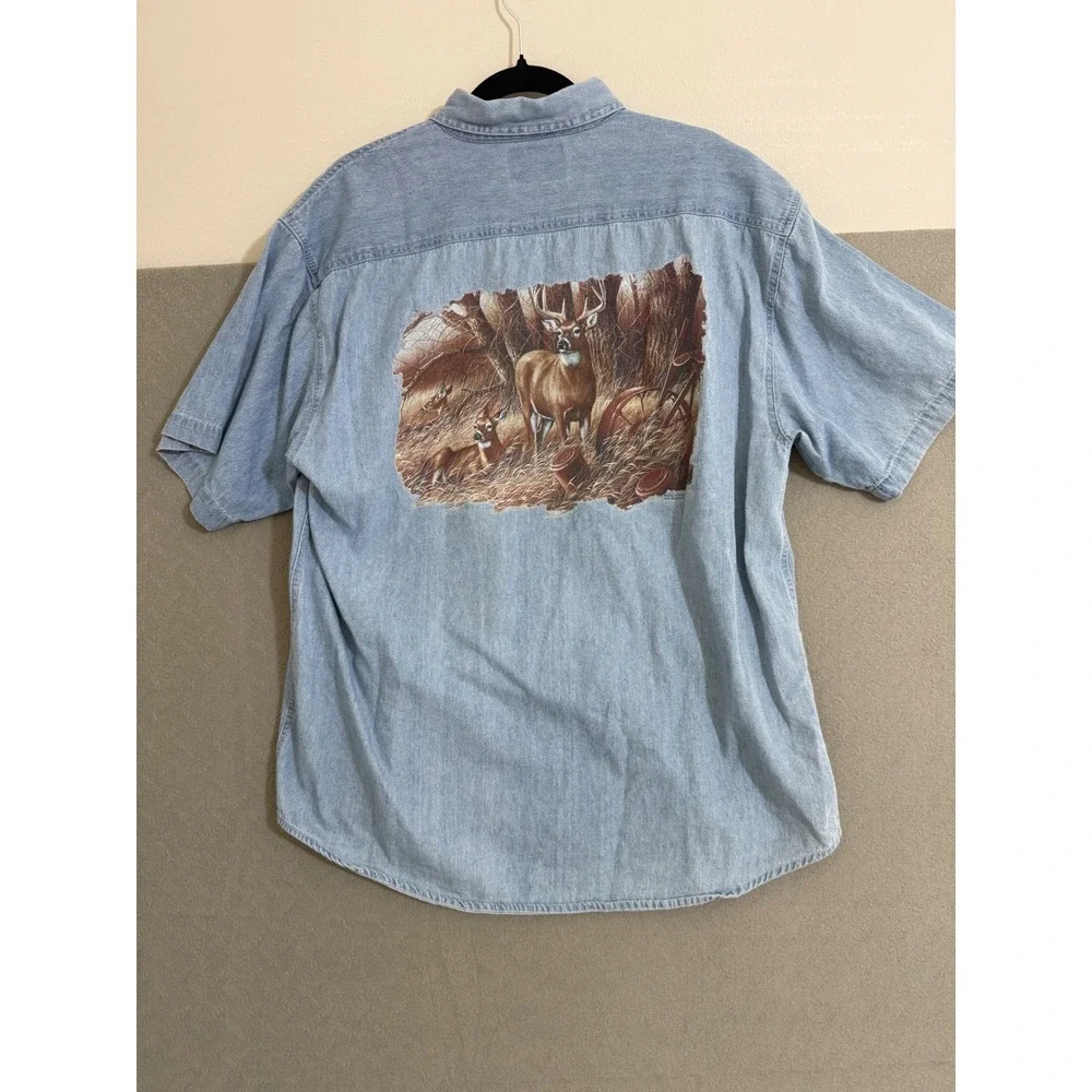 Mens Vintage Deer Graphic Denim Shirt Short Sleeve Light Wash Large hunter fade - Picture 5 of 10
